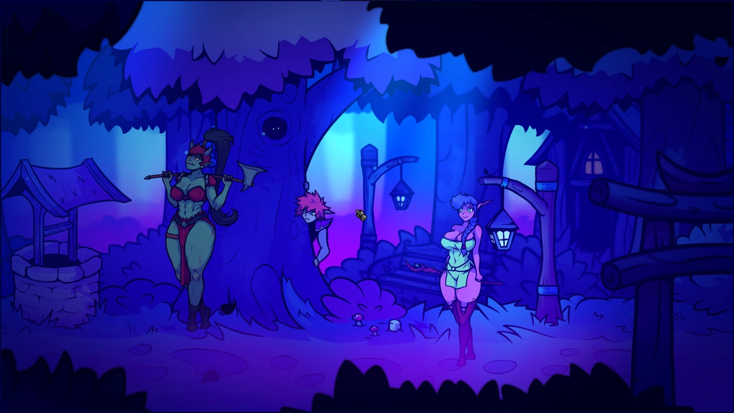 The elf heroine in a low-cut green dress beside an orc woman and another elf peeking from a tree.