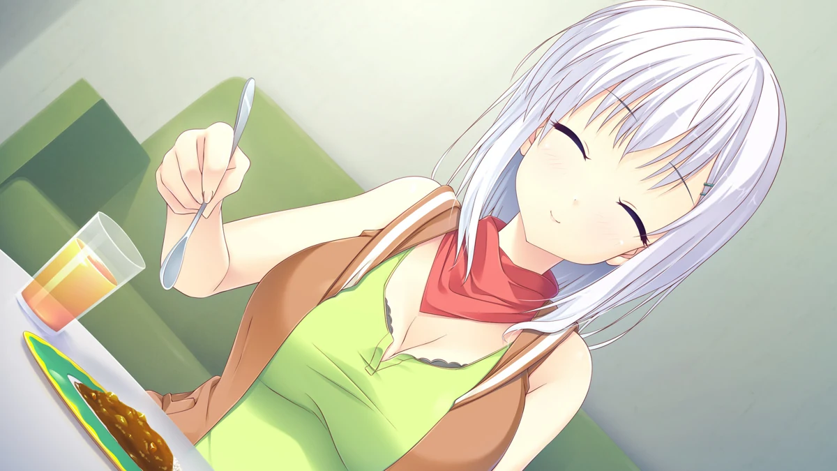 A silver-haired character smiles while eating a meal.