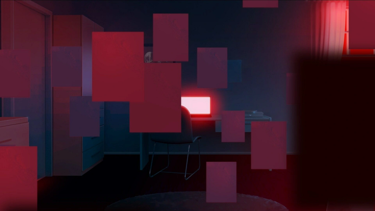 Distorsioni rettangolari rosse e blu oscurano una stanza buia con una scrivania, una sedia e una finestra illuminata di rosso.