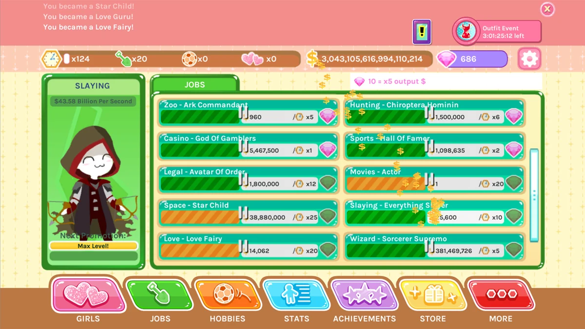 Crush Crush’s Steam jobs menu shows timers, income and time-block costs beside a hooded icon.