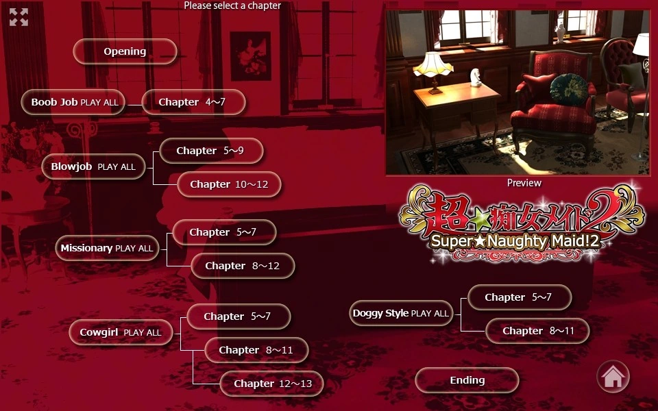 Il menu completo di selezione dei capitoli con un'anteprima non esplicita della camera da letto.