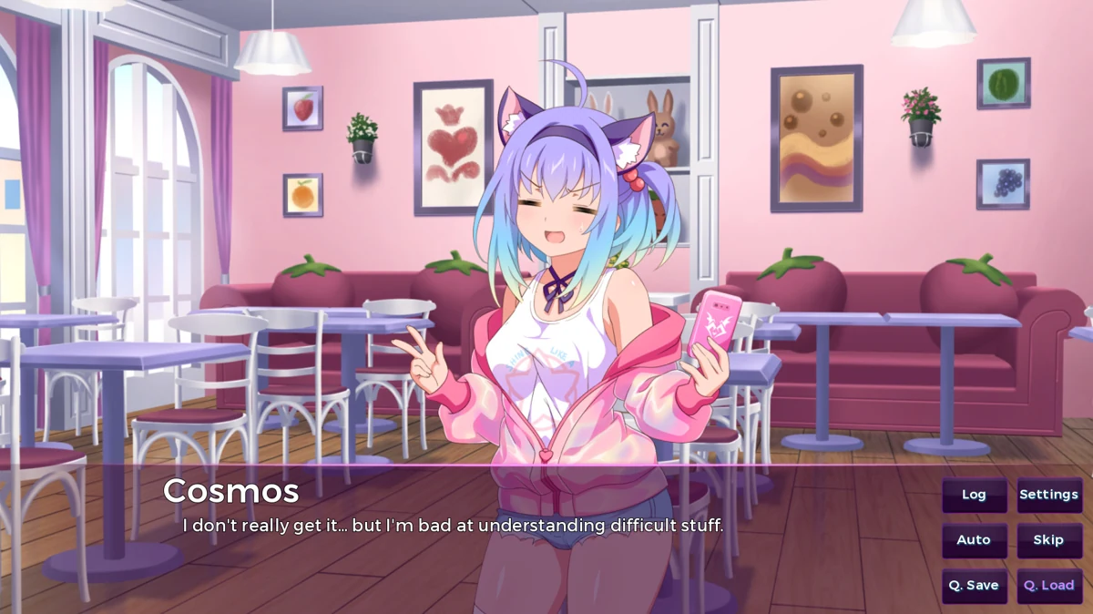 Cosmos parla in un caffè rosa, con il dialogo e i comandi di riproduzione visibili.