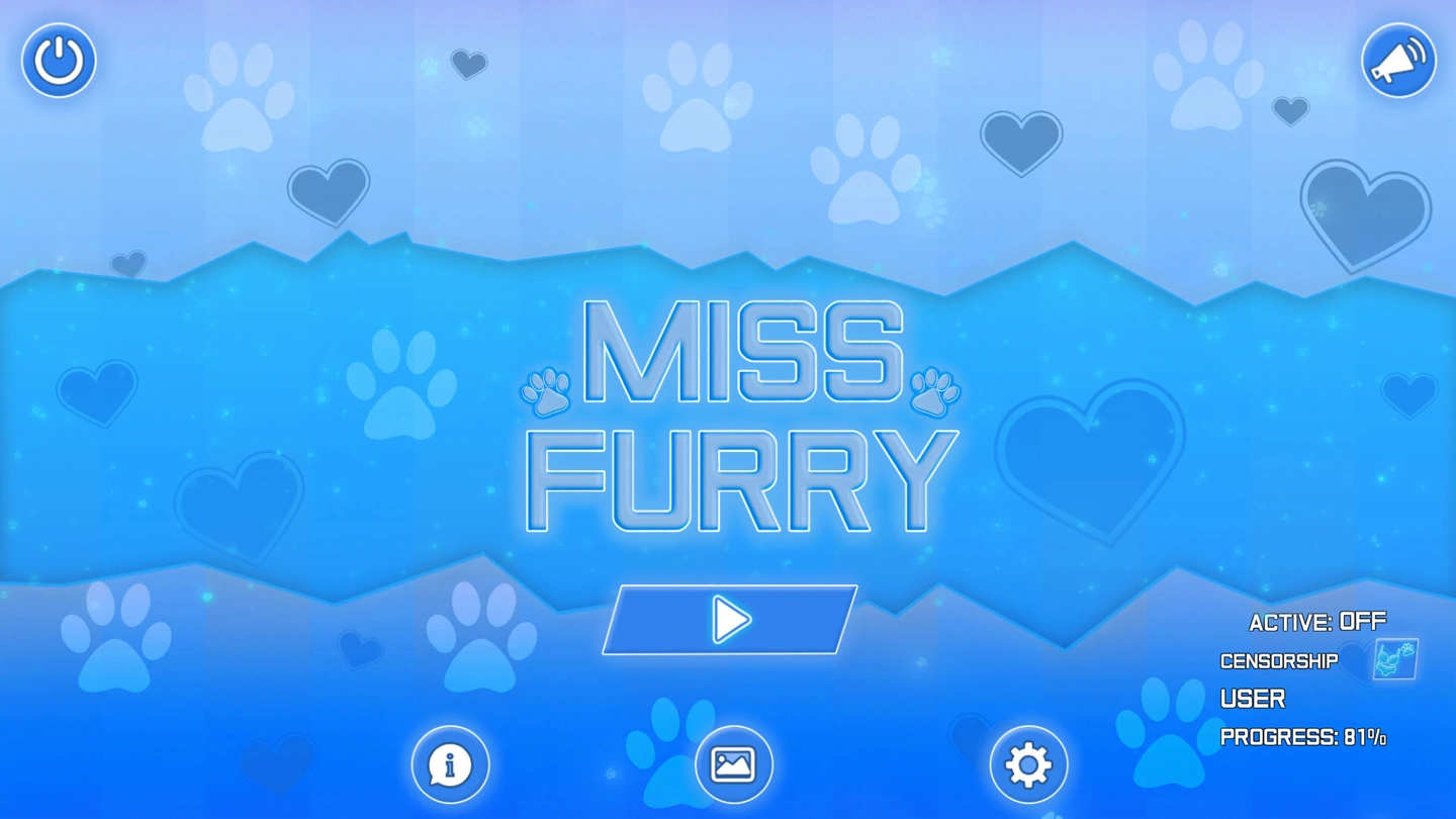 Il menu del titolo di Miss Furry con opzioni per galleria, impostazioni e censura, oltre a un indicatore dei progressi.