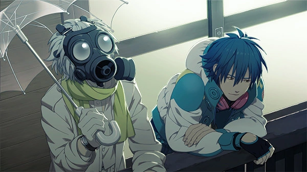 Aoba leans on a railing beside Clear, who carries an umbrella and wears a gas mask.
