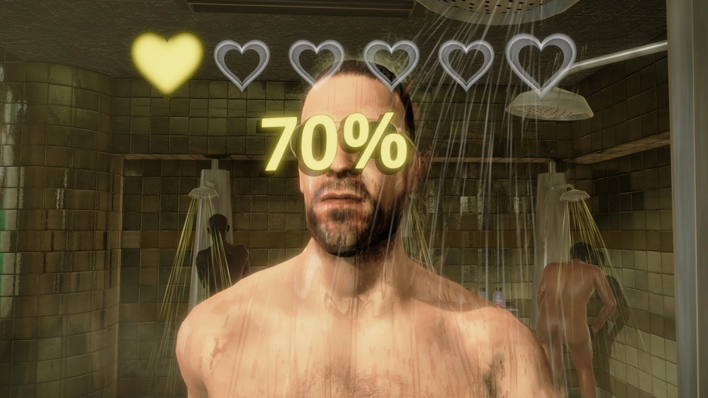 An adult man’s face and bare chest fill a shower scene beneath a 70 percent heart display, with other men showering in the background.