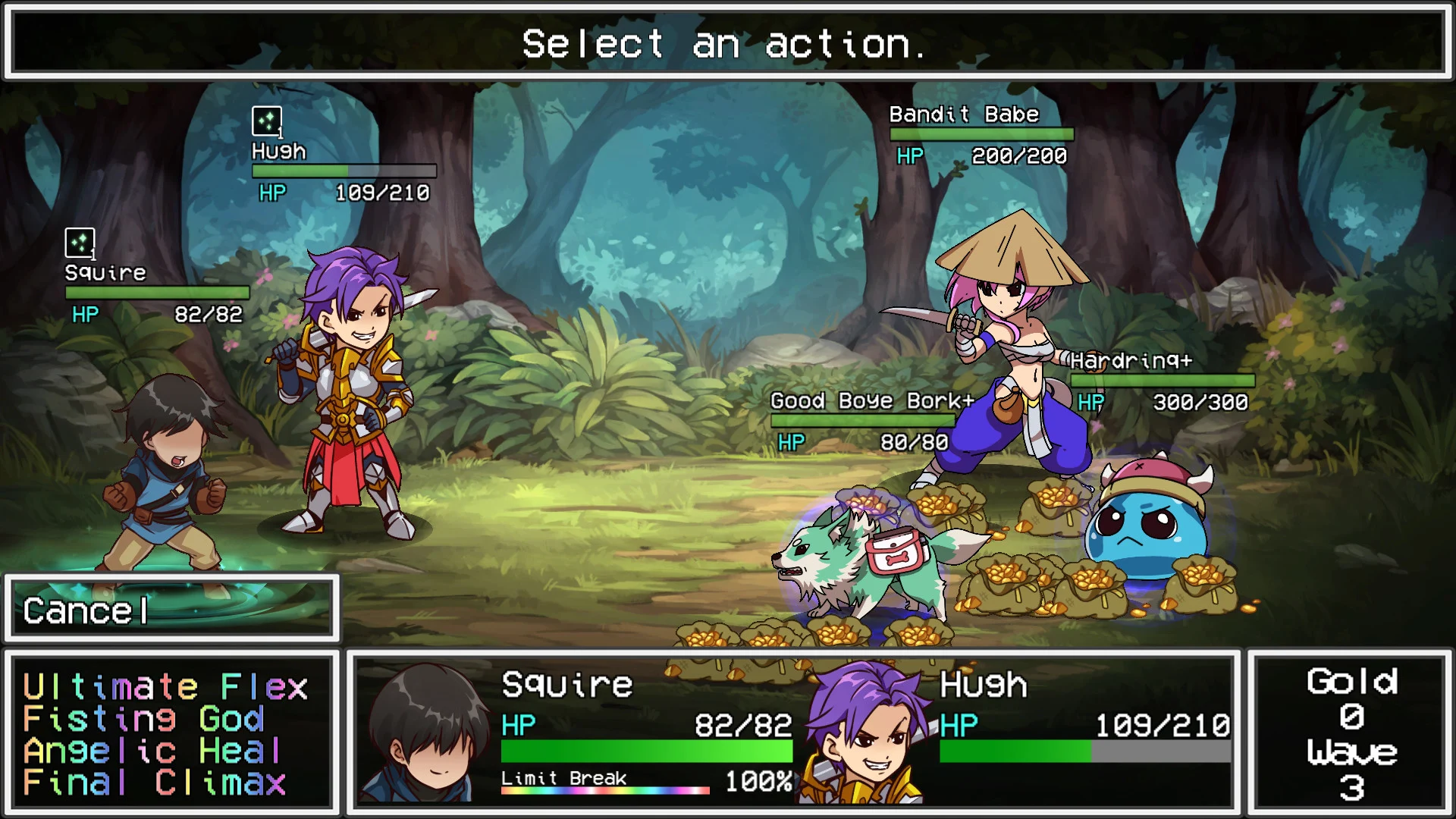 Love Esquire’s turn-based battle interface, with a knight, a squire and fantasy enemies.