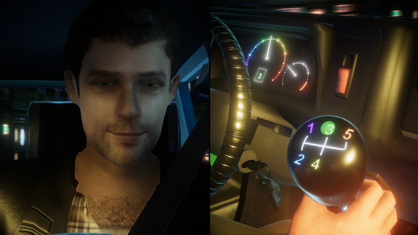 Stick Shift pairs a driver’s face with a brightly numbered gear stick and illuminated dashboard.