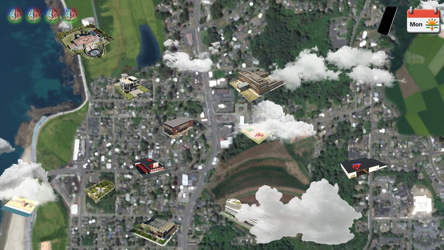 A town map places building icons over streets, trees and clouds, with a phone and calendar in the corner.