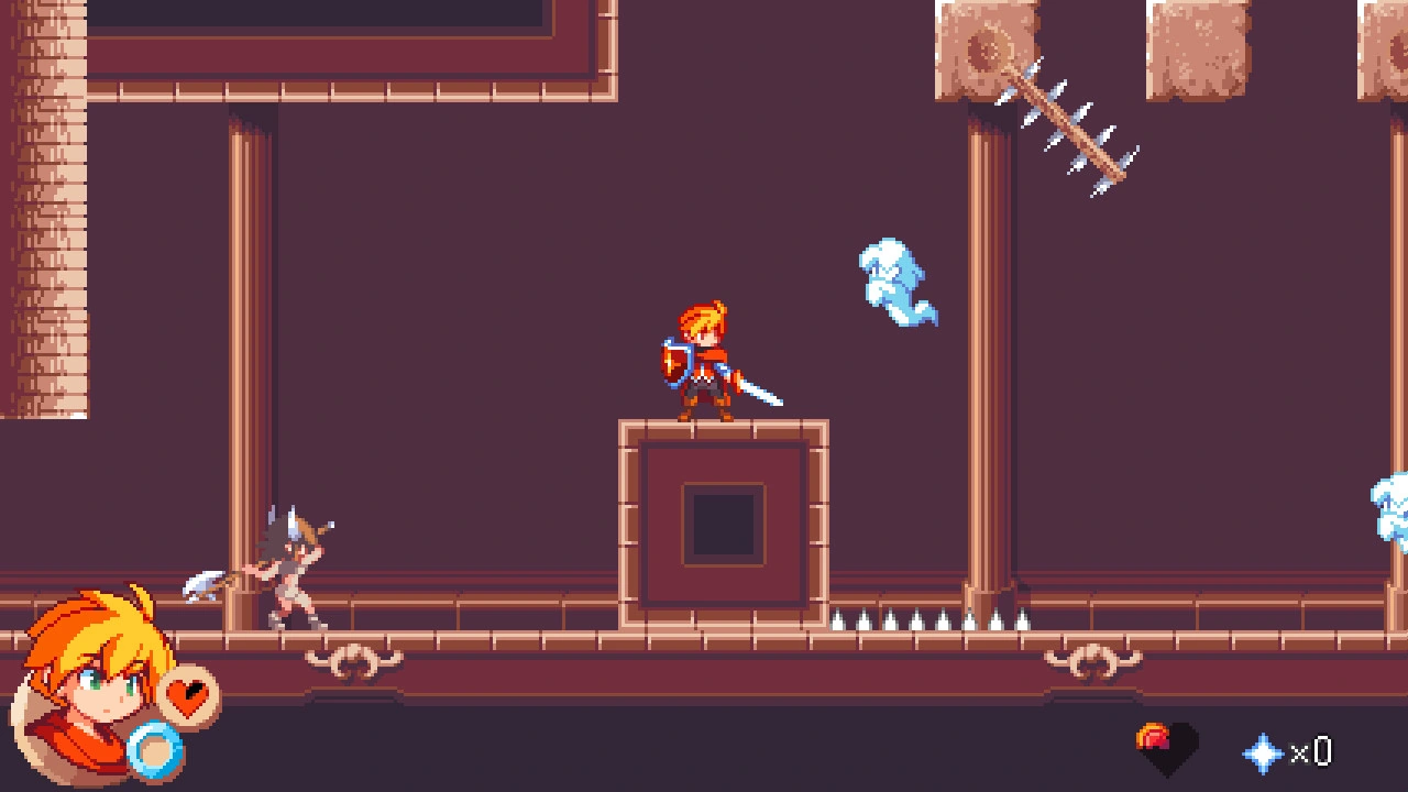 A full castle platforming scene with ghosts, floor spikes and a swinging spike bar.