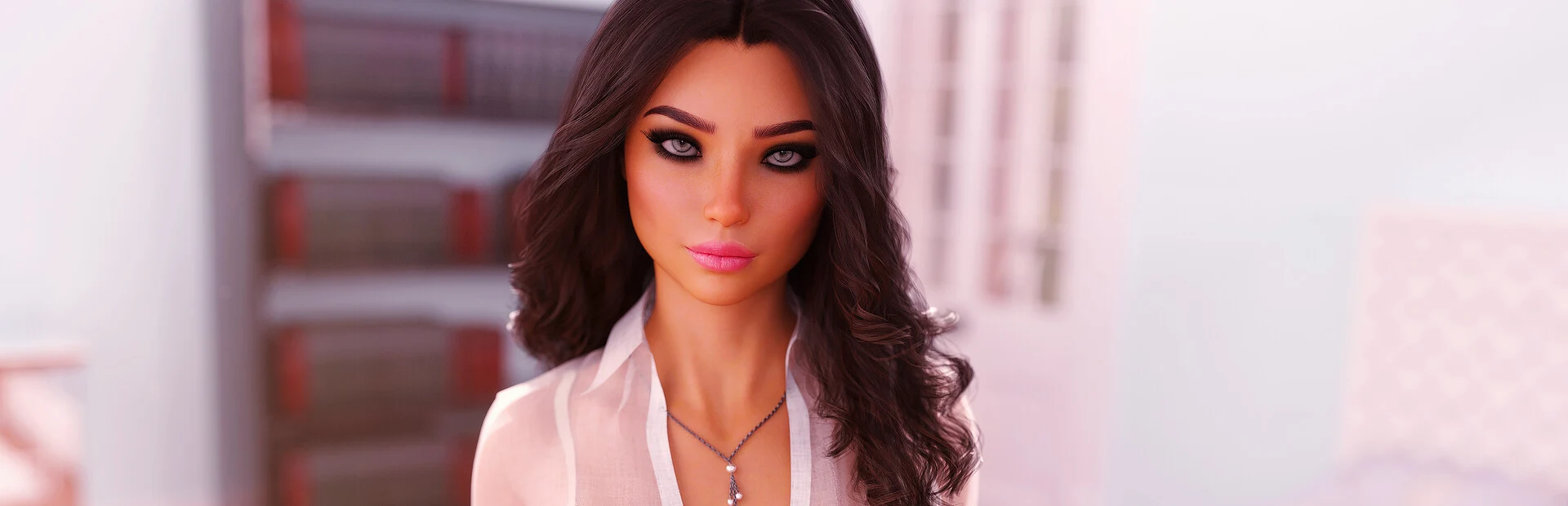 A brunette character in a white blouse in front of a softly blurred building.