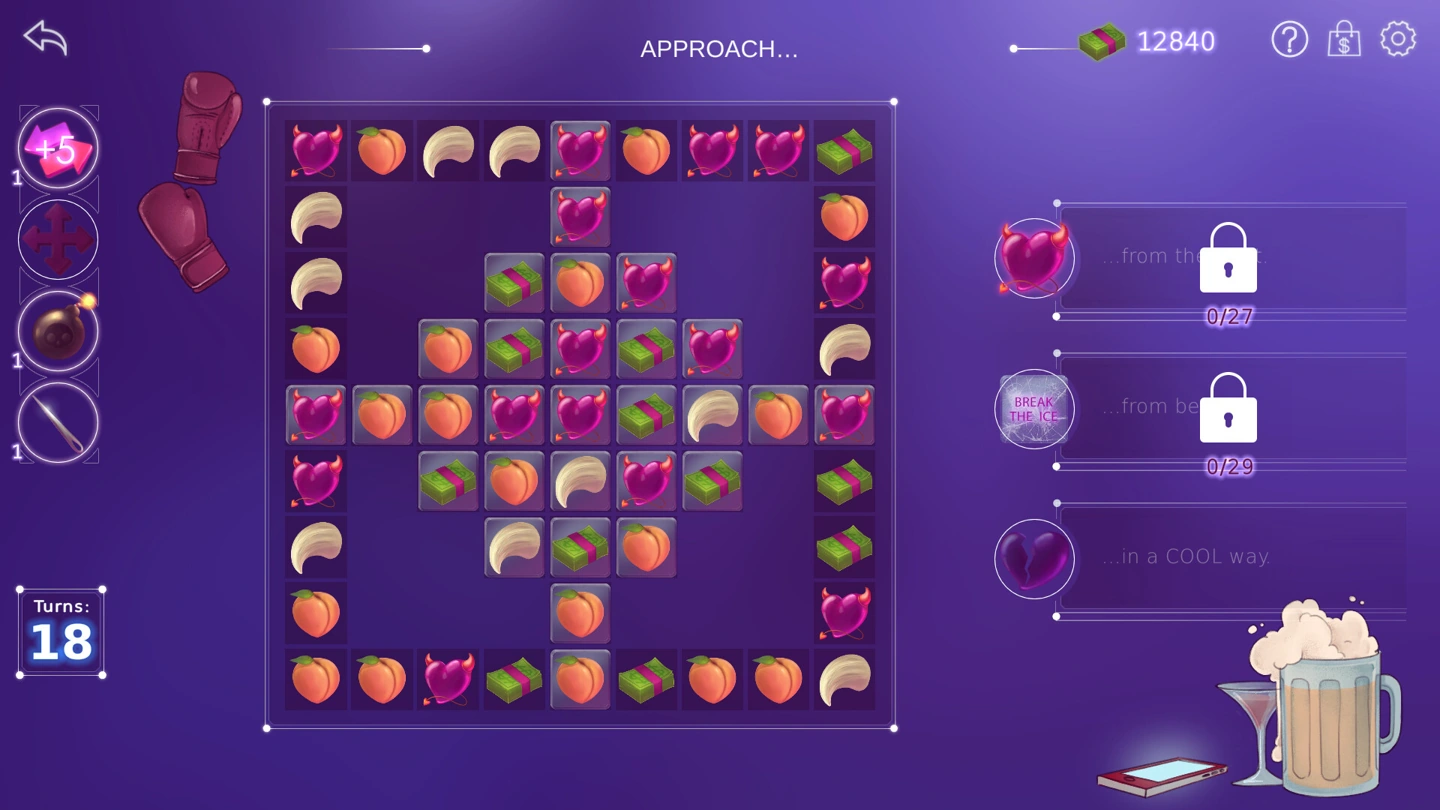 Ein violettes Match-3-Spielfeld mit eingeschränkten Bereichen und mehreren gesperrten Ausgängen für verschiedene Annäherungen.