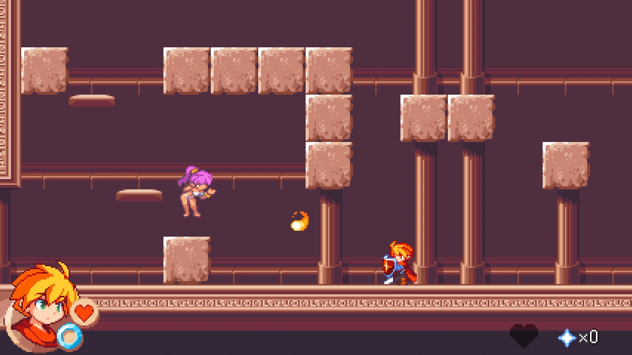 The hero shielding against a fireball amid castle platforms and stone blocks.