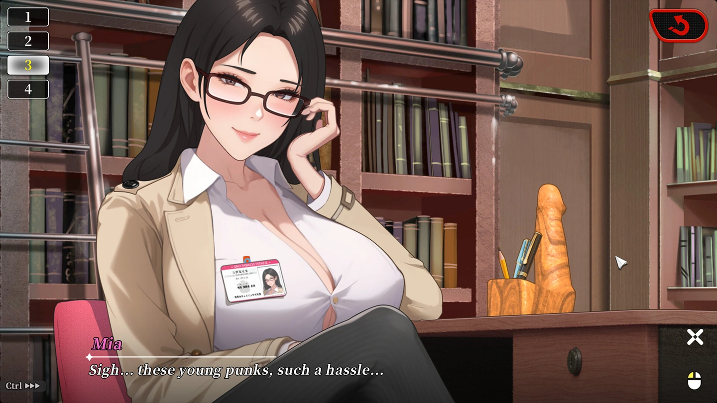 Mia wearing glasses and an office outfit, seated beside bookshelves and a phallic desk ornament.