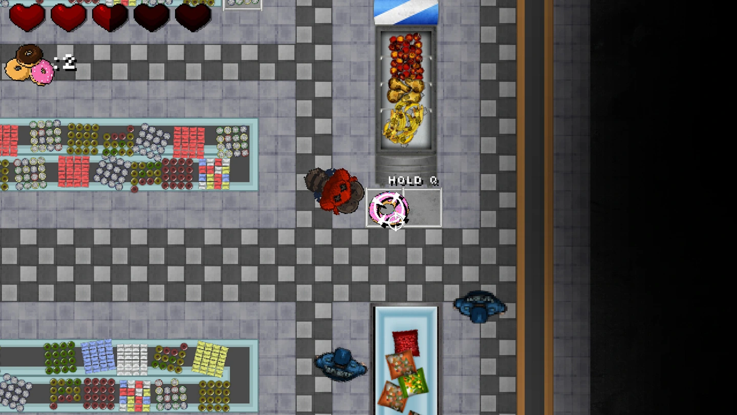 Hoodie beside a donut pickup in a top-down grocery store, with a Hold Q prompt, donut count and health hearts.