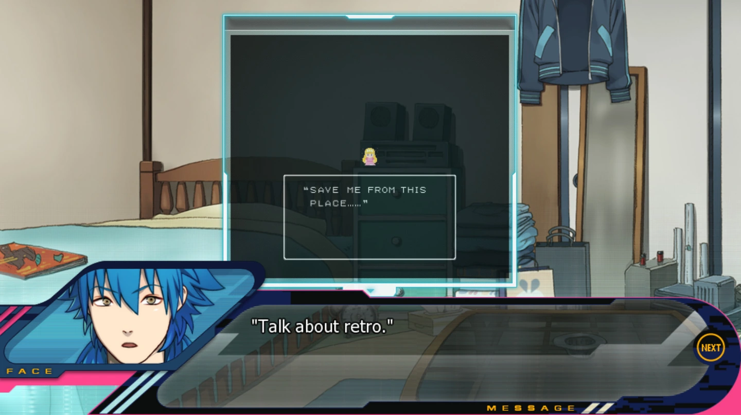 Aoba’s dialogue portrait appears over his ordinary bedroom and a small in-world retro game window.