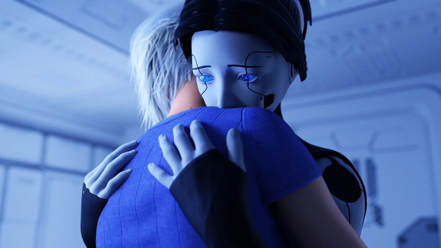 SAndrA embraces a clothed man under cool blue lighting.