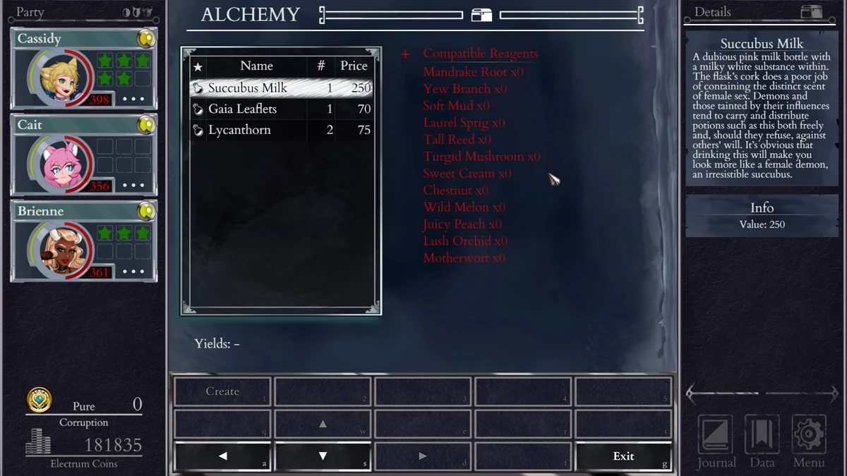 The alchemy menu lists ingredients and prices.