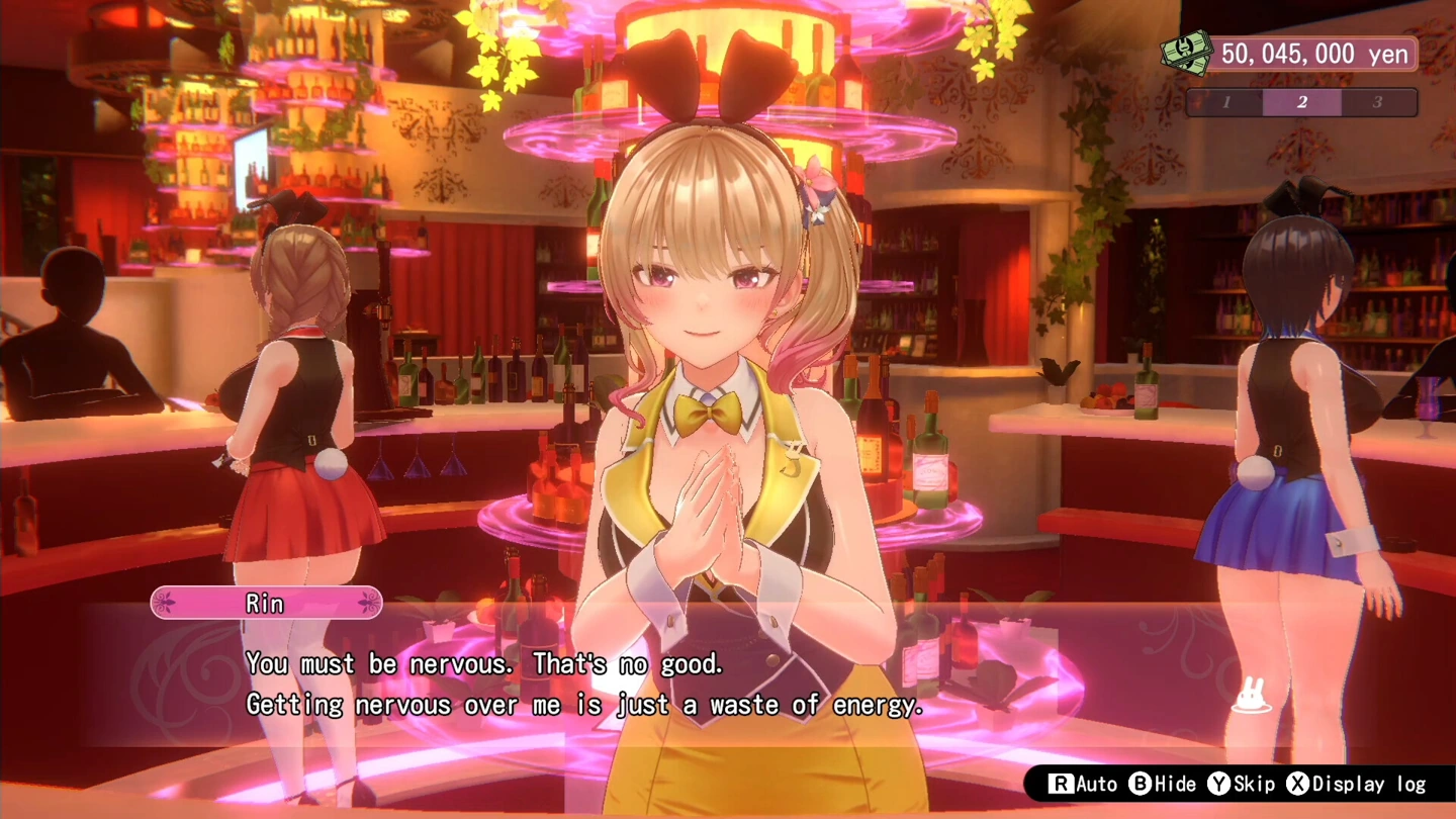 Rin speaks at the bar wearing a black and yellow hostess outfit.