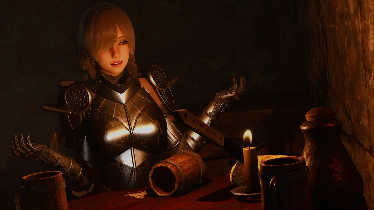 An armored character talks at a candlelit tavern table.