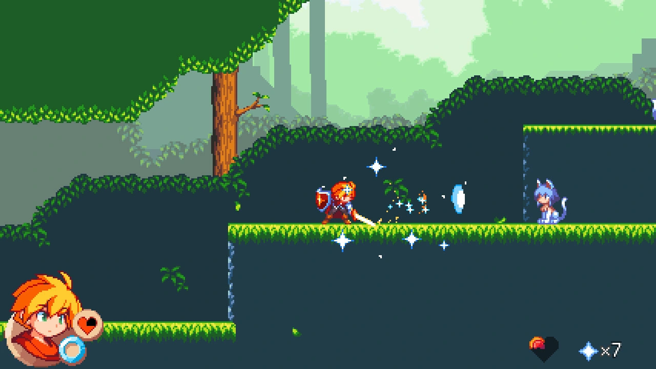 A complete forest scene with the hero using his sword and a projectile effect.