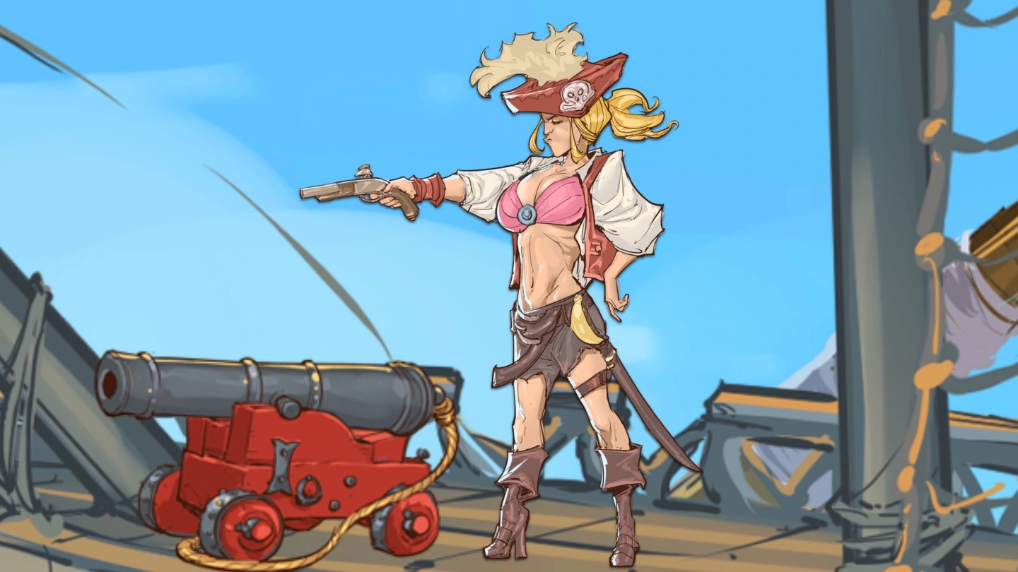 Una piratessa bionda con un top rosa punta una pistola sul ponte di una nave, accanto a un cannone.