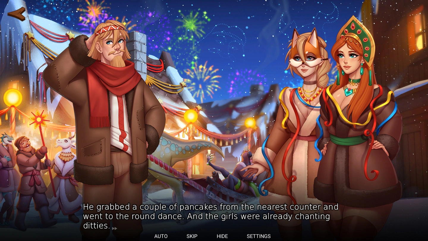 Three clothed characters celebrating beneath winter festival fireworks.