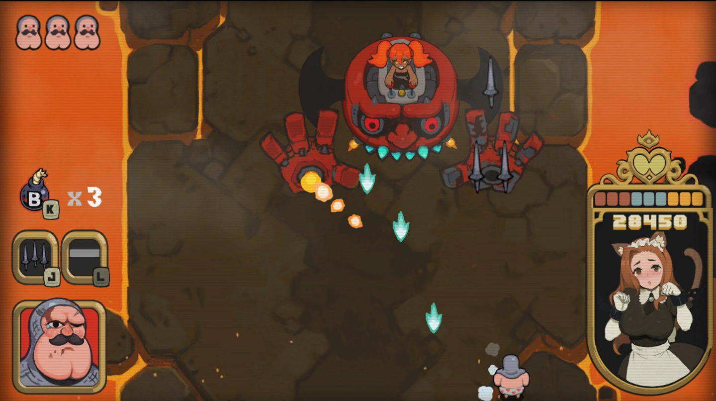 Ein Ritter steht einem großen mechanischen Boss in einer Lavakammer gegenüber, neben Kampfanzeigen.
