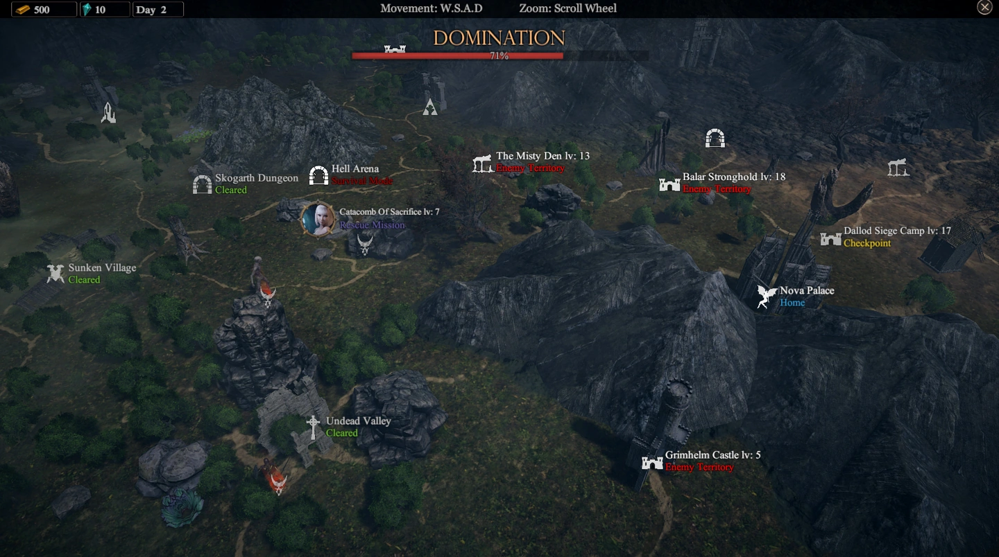 O mapa Domination mostra locais de resgate, sobrevivência, pontos de controle, território inimigo e casa.