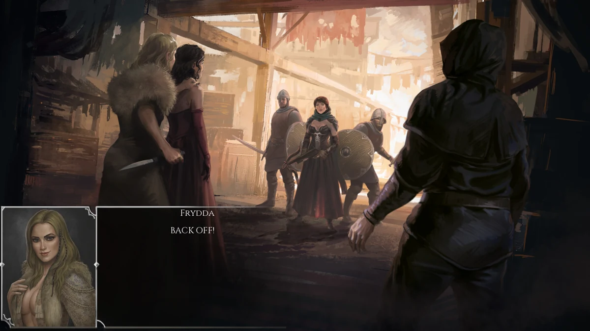 Clothed characters gather in a sunlit street with dialogue portraits visible.