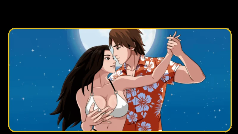 Um casal desenhado e vestido dança sob um céu iluminado pela lua.