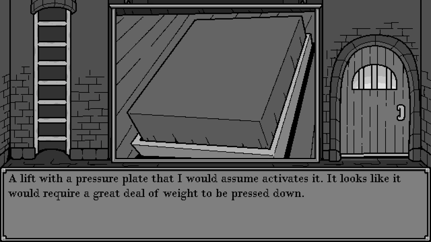 A lift with a pressure plate beside a ladder and door, described in the dialogue box.