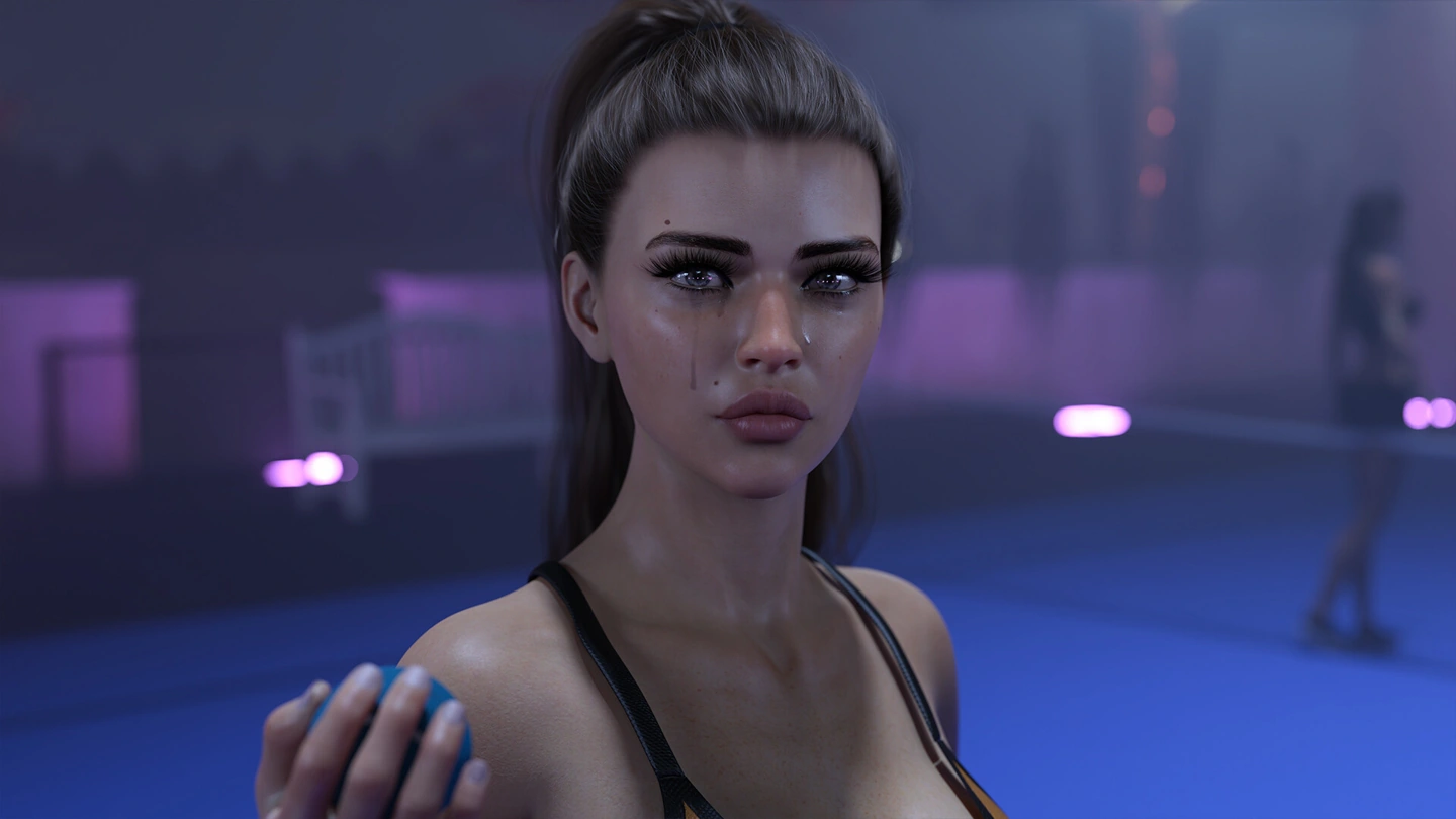 A brunette with tied-back hair and a strappy top appears in a close Summer’s Gone portrait under purple evening light.