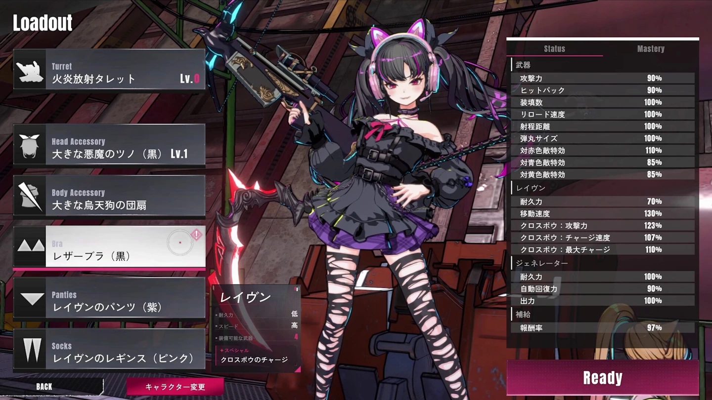 装備とステータスのインターフェース全体に、クロスボウを持つRavenが表示されている。