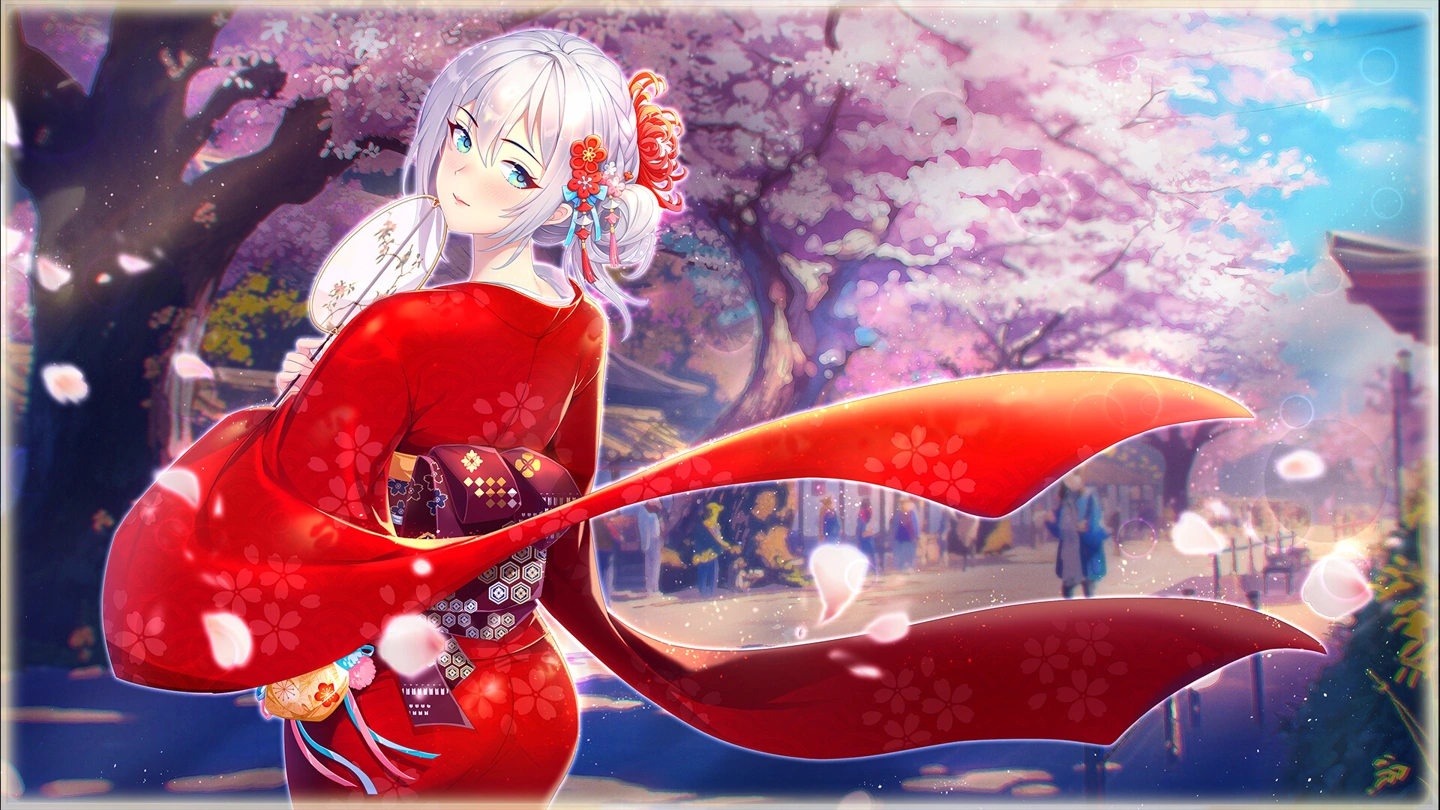 A white-haired woman in a red kimono holds a fan beneath cherry blossoms.