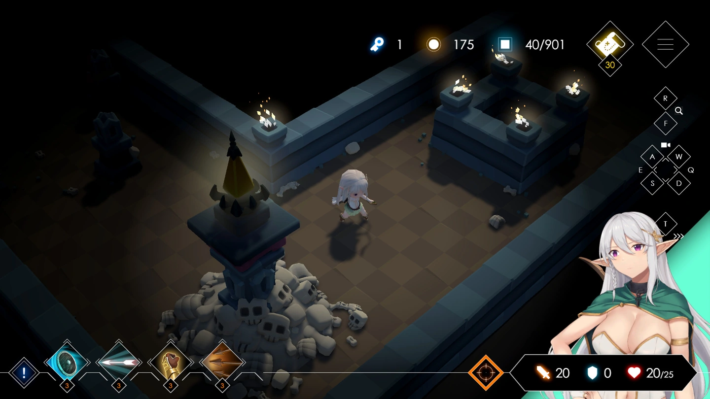 Shunral faces a skeleton in a dungeon room with ranged and defensive skill icons visible.