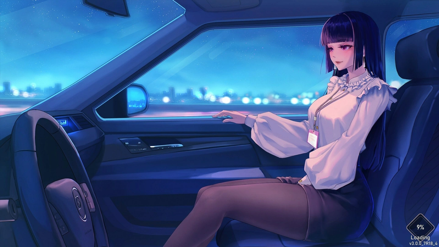 A purple-haired woman in a white blouse, badge, skirt and tights sits in a car at night.