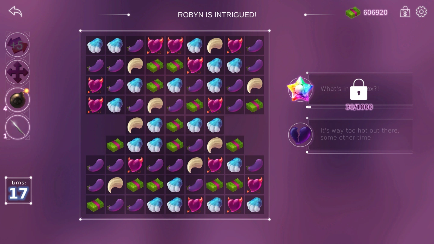 Robyn match-three board beside score and decline branches