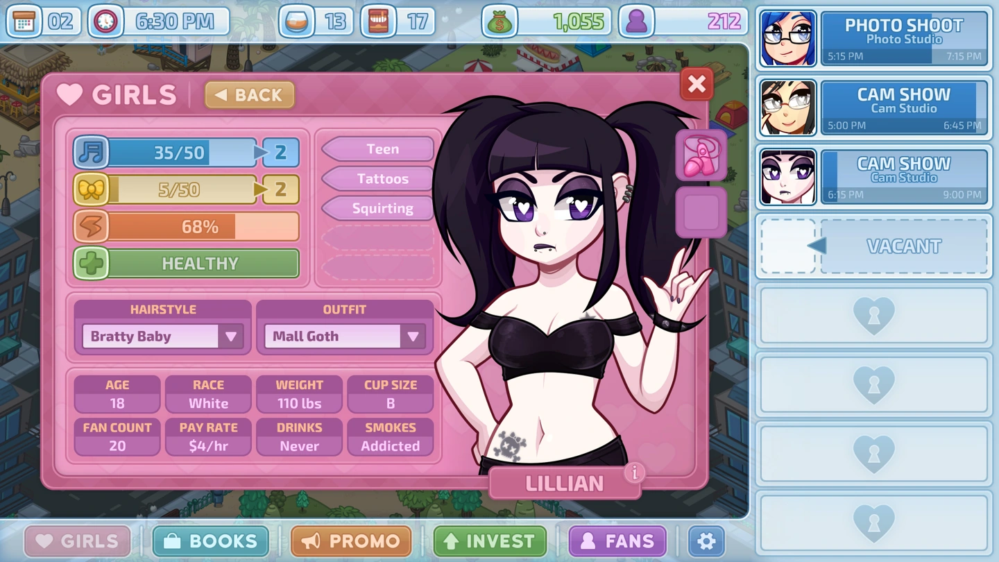 A worker profile combines Lillian’s clothed cartoon portrait with stats, pay and fetish labels.