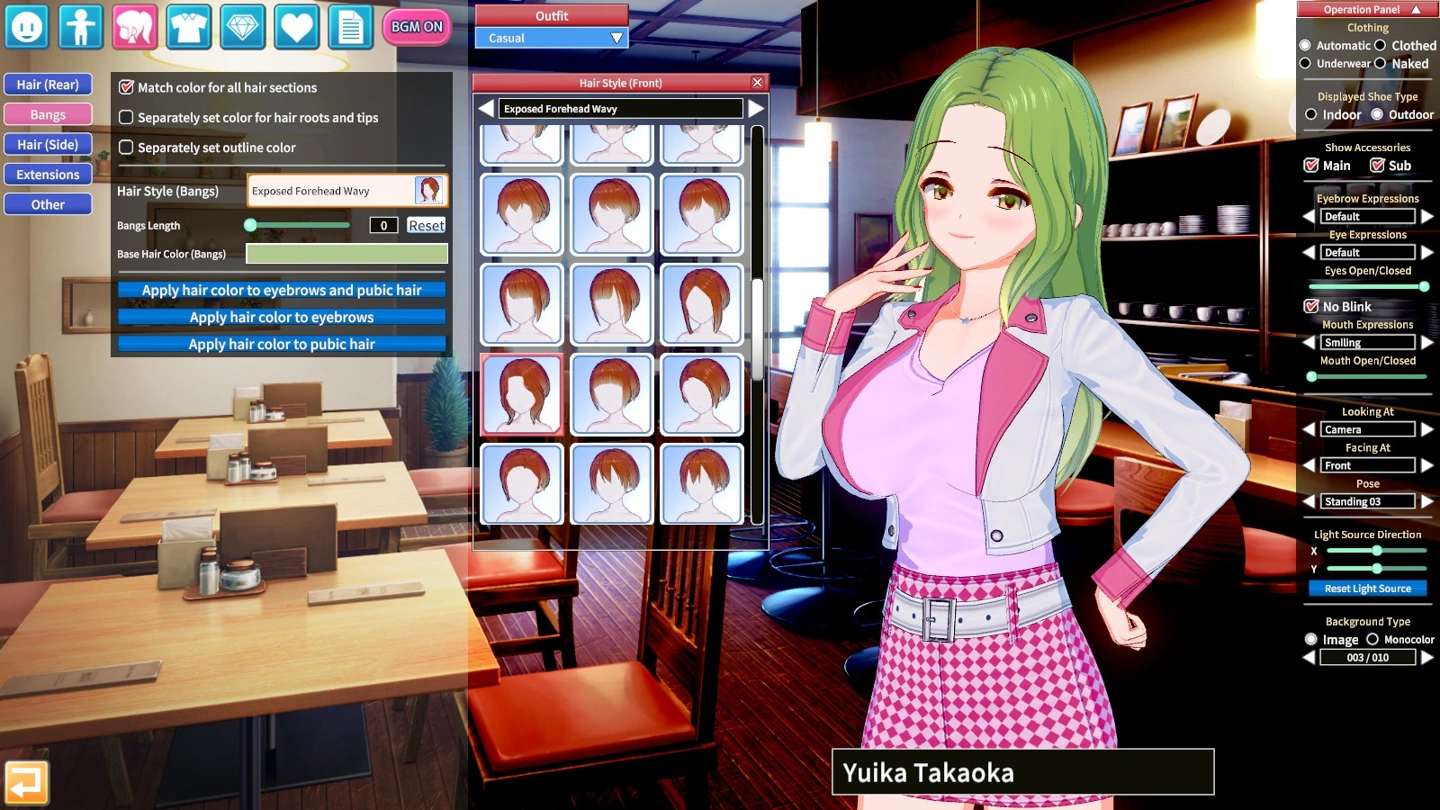 Un personnage aux cheveux verts, vêtu d’un haut rose et d’une veste blanche, se tient à côté des menus de personnalisation des cheveux.