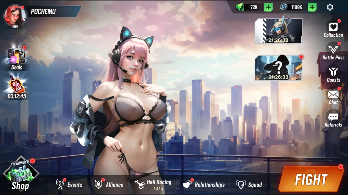 The Nutaku Lust Goddess home screen with a pink-haired woman in lingerie, currencies, menu icons and a Fight button.