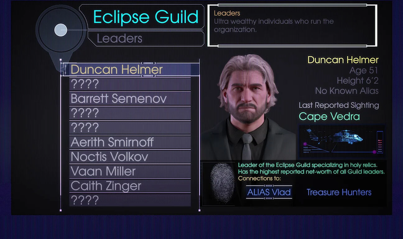 O banco de dados de personagens de The Genesis Order exibe o retrato e o perfil de Duncan Helmer.