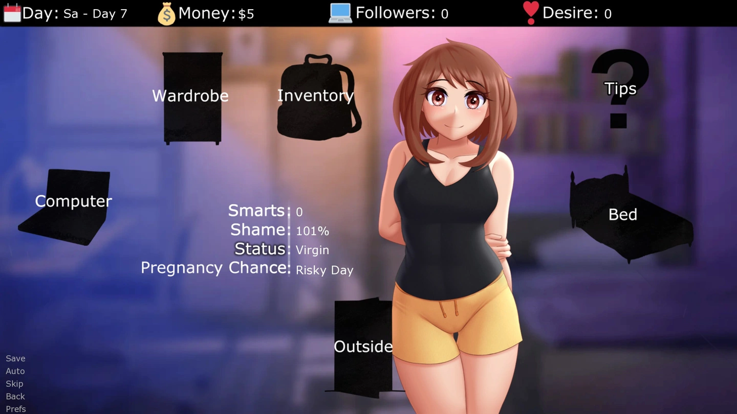 A protagonista de blusa preta e short amarelo na tela do quarto, com cinco dólares, nenhum seguidor e seus atributos pessoais.