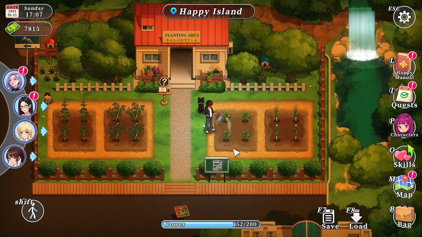 The full farming interface with watered crops, stamina and quest controls.