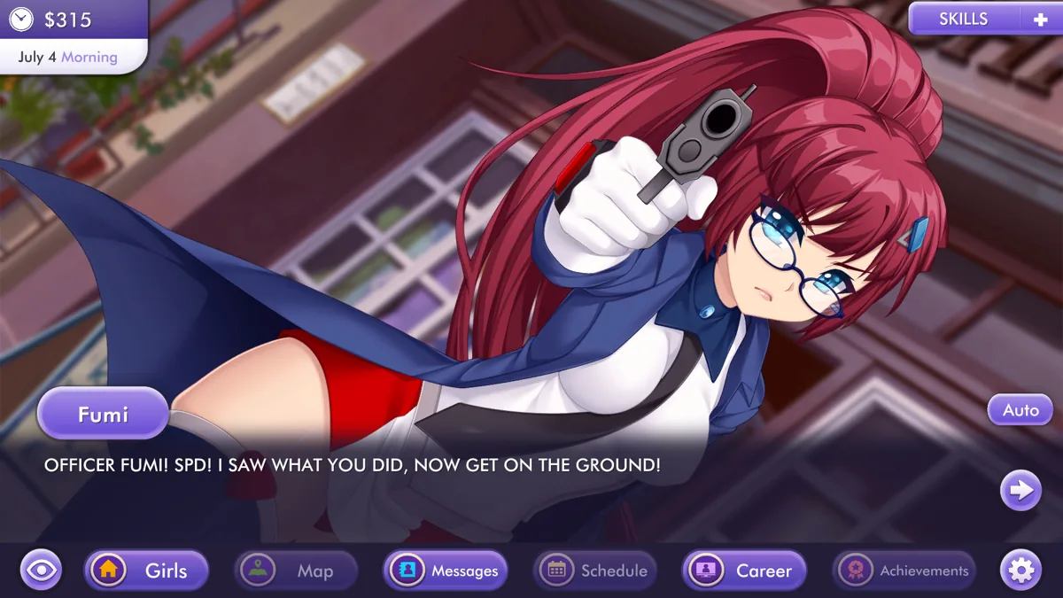 A dialogue scene with a clothed police officer.