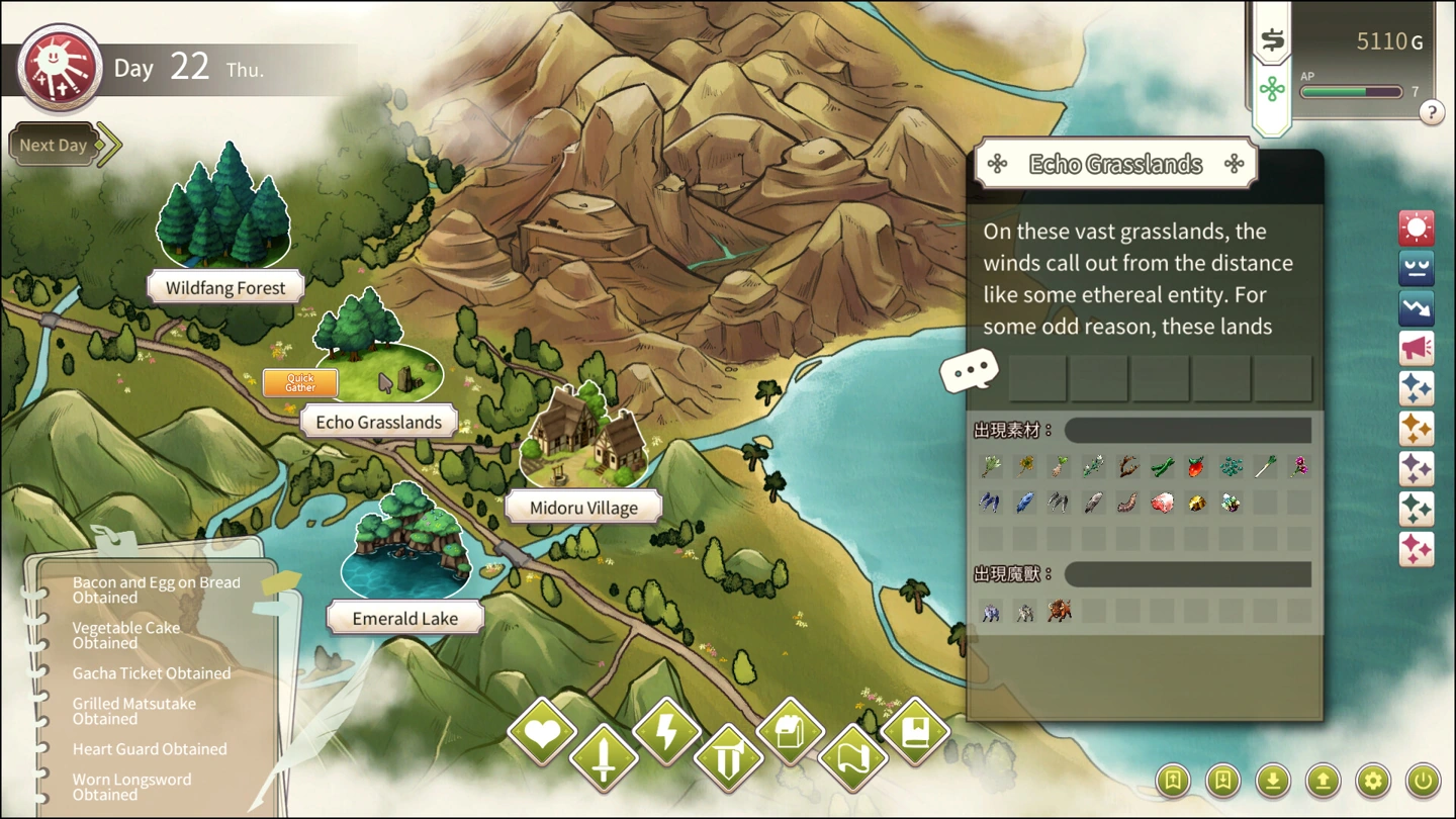 The world map shows village and gathering locations, action points, resources and a Quick Gather button.