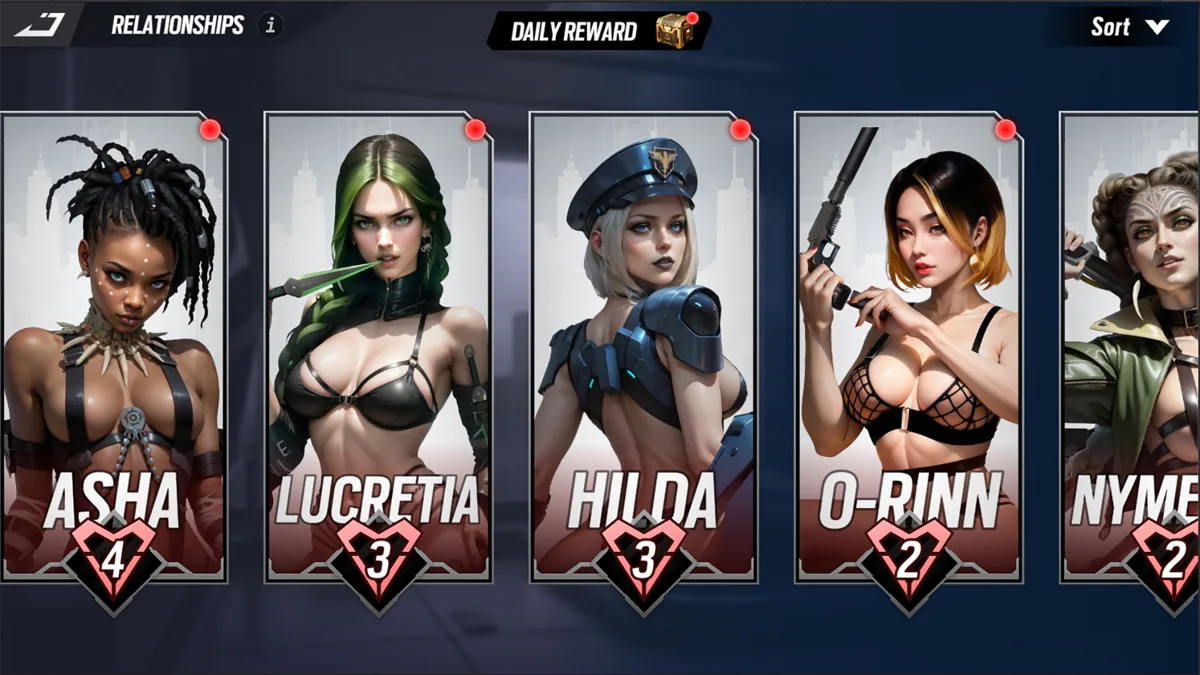 The Nutaku Lust Goddess relationship roster with illustrated mercenary portraits and numbered hearts.