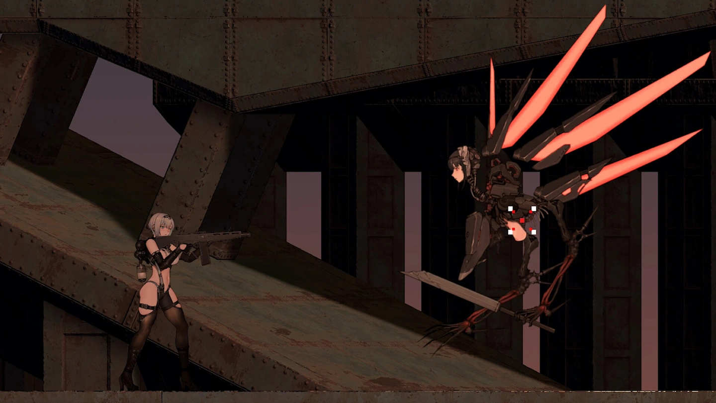 The armed protagonist faces a bladed mechanical opponent inside a metal structure.