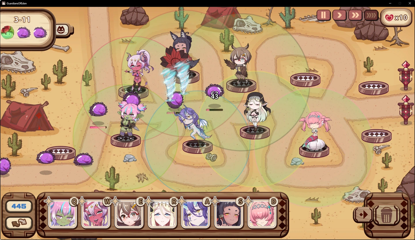 A desert tower-defence battle with placed Valkyries, enemy slimes and overlapping range circles.
