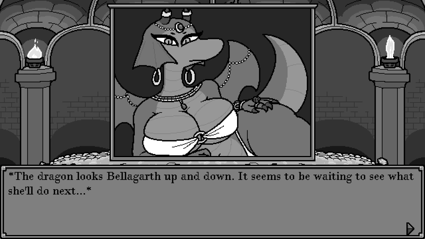 A dragon in a white wrap top and jewellery watches Bellagarth during tower dialogue.