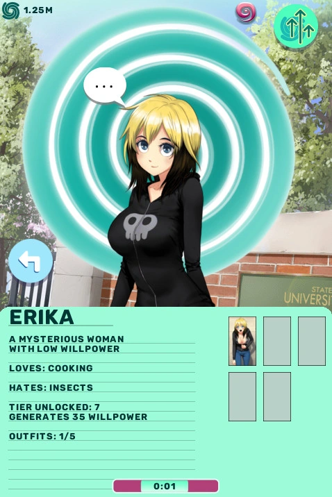 O perfil de Erika com força de vontade, interesses e informações sobre roupas.